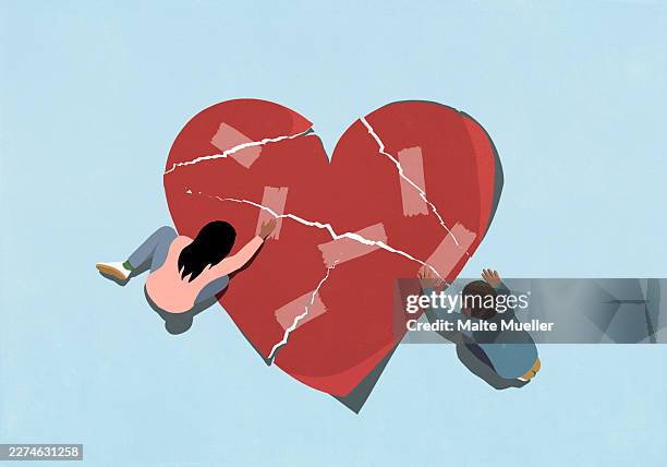 illustrations, cliparts, dessins animés et icônes de young couple mending broken heart with adhesive tape - jeunes femmes