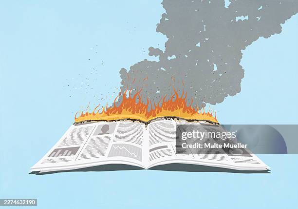 newspaper burning with smoke plume against blue background - misinformation stock illustrations