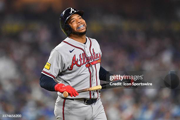 Atlanta Braves designated hitter Dominic Smith reacts after fouling off a pitch during the MLB game between the Atlanta Braves and the Los Angeles...