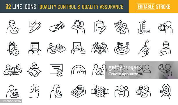 quality control and quality assurance thin line icons - editable stroke - stress test stock illustrations