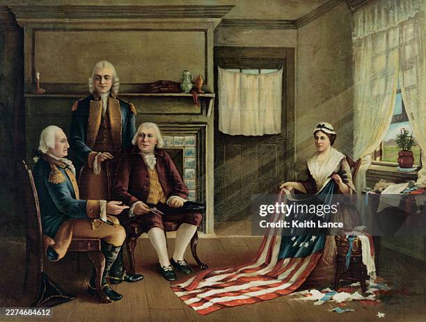 ilustrações de stock, clip art, desenhos animados e ícones de betsy ross sews the american flag - revolução