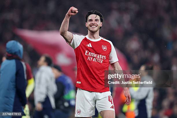 Declan Rice of Arsenal celebrates progressing to the final of the UEFA Champions League 2025/26 after the team's victory in the UEFA Champions League...