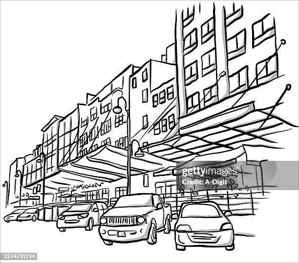 yaletown parking & restaurants sketch - side walk cafe stock illustrations