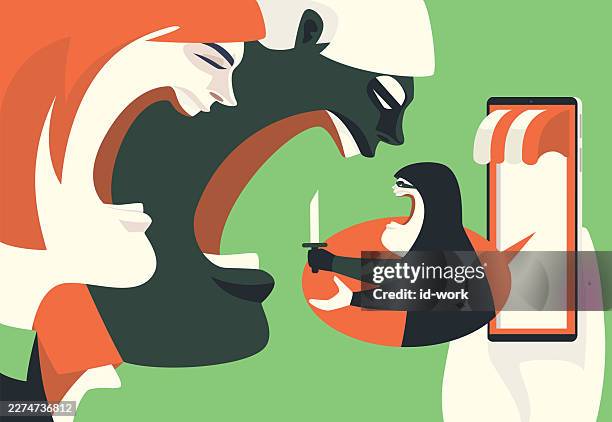 couple screaming while finding hacker who holding knife and coming out of smartphone online store - cheating relationship stock illustrations