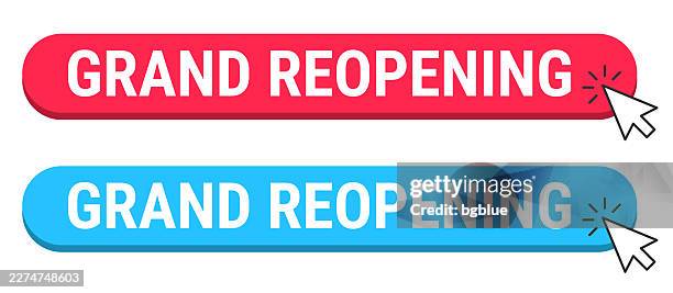 grand reopening - red and blue buttons with cursor on white background - wow computer stock illustrations