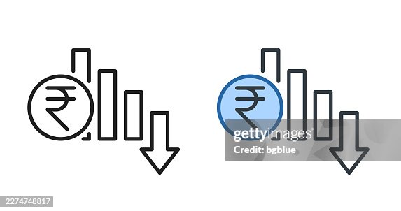 Indian rupee rate decrease. Icons for design - Editable stroke icon Indian rupee rate decrease. Icons for design - Editable stroke icon