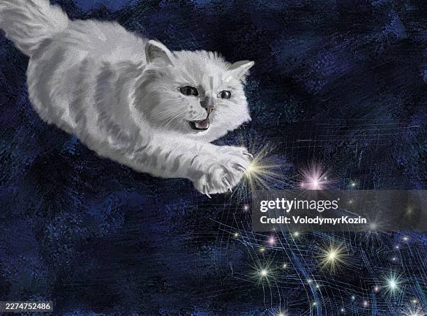 human and ai series: fluffy cat paw reaching to play with glowing digital neural network - creation kit stock illustrations