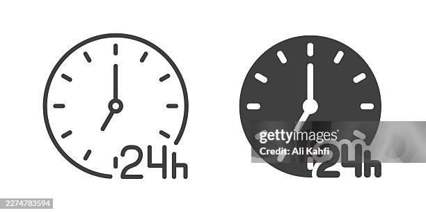 24h clock thin line and glyph solid icon. editable stroke and perfect pixel isolated on transparent background. - work zone stock illustrations