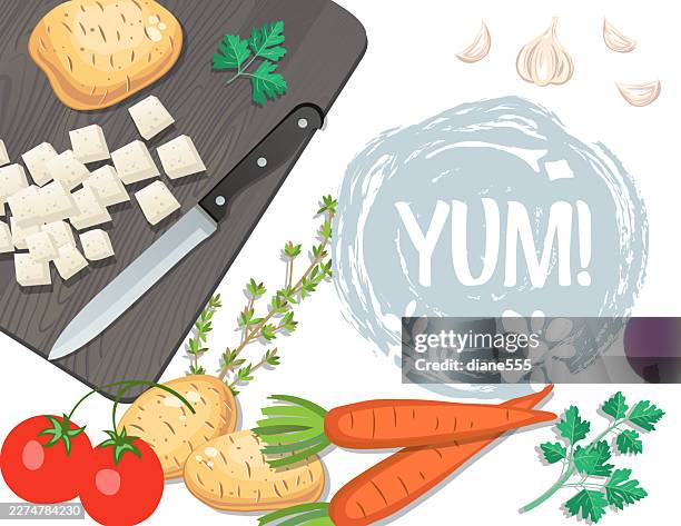 cooking foods background template with copy space - chopping vegetables stock illustrations