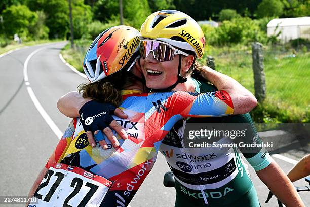 Nienke Vinke of Netherlands and the stage winner, Lotte Kopecky of Belgium and Team SD Worx - Protime - Green Points Jersey react after the 12th La...
