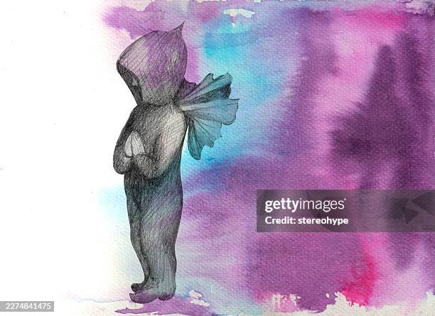 hooded boy with wings - graphite background stock illustrations