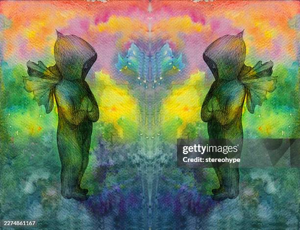hooded boy with wings - graphite background stock illustrations