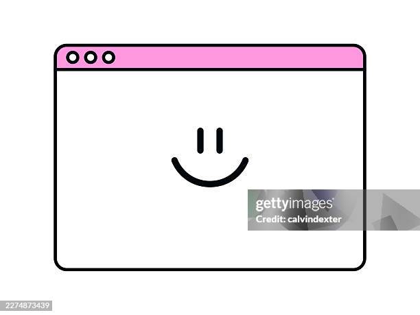 retro style web browser with smiling emoji - software development stock illustrations