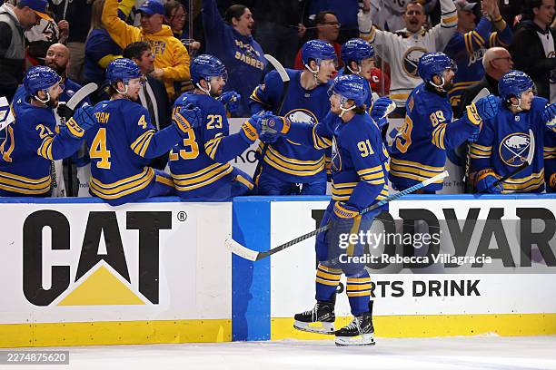 Josh Doan of the Buffalo Sabres celebrates after scoring a goal against the Montréal Canadiens during the first period in Game One of the Second...