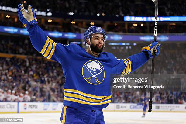 Jordan Greenway of the Buffalo Sabres celebrates after scoring a goal against the Montréal Canadiens during the second period in Game One of the...