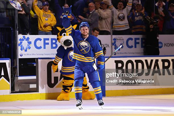Zach Benson of the Buffalo Sabres receives a star of the game following Game One of the Second Round of the 2026 Stanley Cup Playoffs against the...