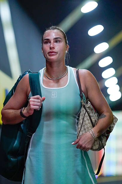 Aryna Sabalenka of Belarus, with her Gucci bag, prepares for her match against Sorana-Mihaela Cirstea of Romania at the Internazionali BNL d'Italia...