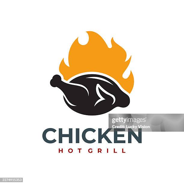 rustic fire chicken logo, hen flame hot. hot and spicy bbq chicken, fast food restaurant app vector design and illustration - bbq wings stock illustrations