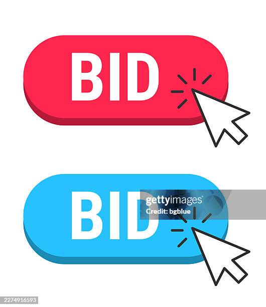 bid - red and blue buttons with cursor on white background - bid stock illustrations