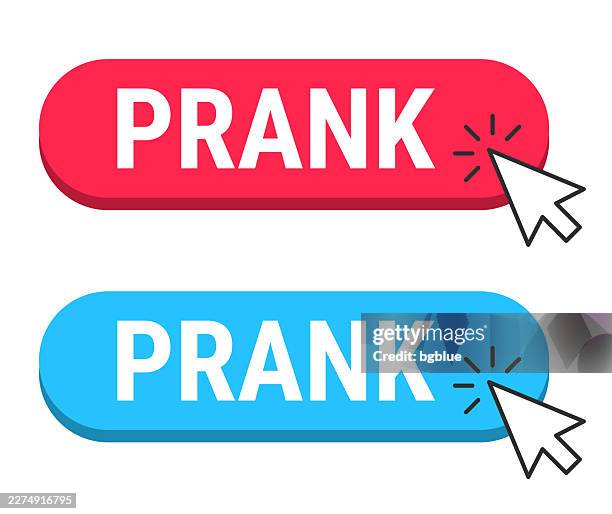 prank - red and blue buttons with cursor on white background - comic font vector stock illustrations