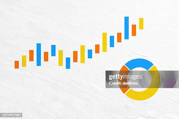 increasing shorts bars of colorful bar graph and half and quarters in a disc ring shape outline circle pie chart that is infographic - growth chart white background stock illustrations