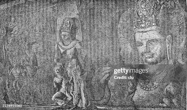 elephanta cave with monumental sculptures — dark rock walls, seated figures, and an ornate deity image create a silent temple world - architectural column stock illustrations