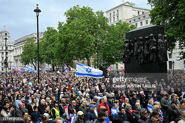 Large crowds of people attend a rally organised by the Campaign Against Antisemitism, opposite Downing Street in central London on May 10, 2026.