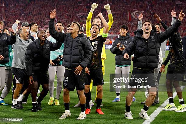 Nuno Mendes, Desire Doue, Marquinhos, PSG goalkeeper Matvey Safonov, Dro Fernandez, Fabian Ruiz Pena of PSG celebrate the victory following the UEFA...