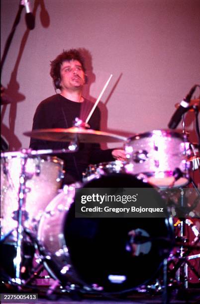 British drummer Keith York performing with British electronic band Ladytron in March, 2003 in los Angeles, California.