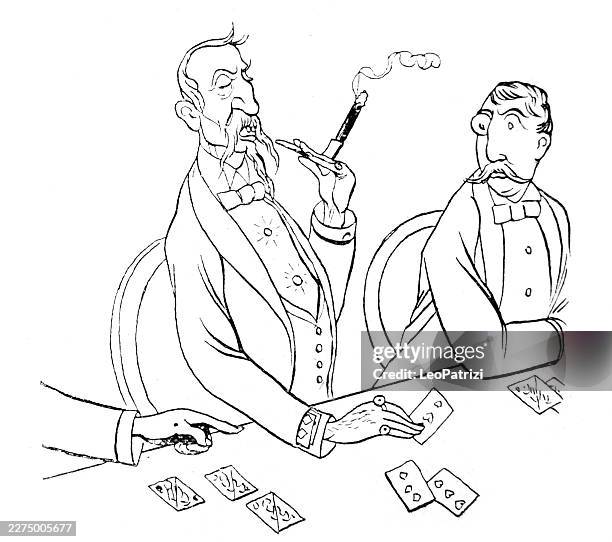 two gentlemen in formal evening wear engaged in a serious card game while smoking a cigar - chips on table stock illustrations