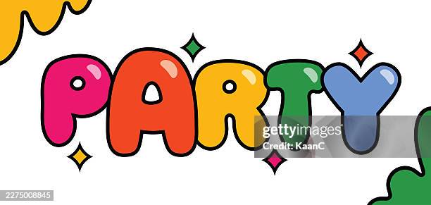 party colorful bubble lettering vector illustration with sparkles and decorative elements vector illustration - bubble gum bubble stock illustrations
