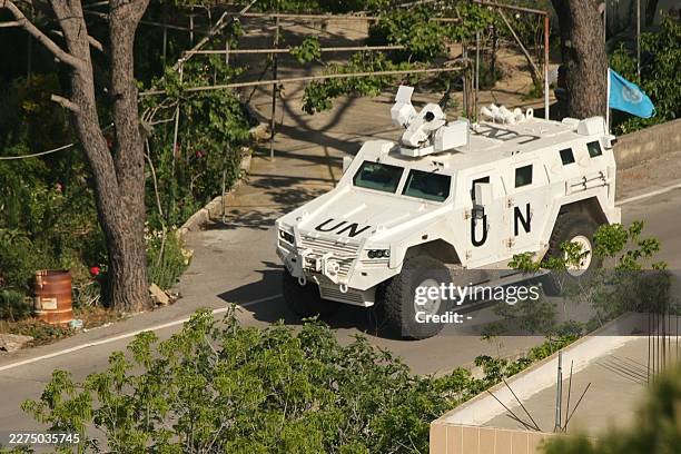 An United Nations Interim Force in Lebanon armoured vehicle armored vehicle patrols the southern Lebanese border area of Marjayoun on May 11, 2026....
