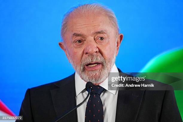 President of Brazil Luiz Inácio Lula da Silva speaks during a press conference at the Brazilian Embassy on May 07, 2026 in Washington, DC. Earlier in...