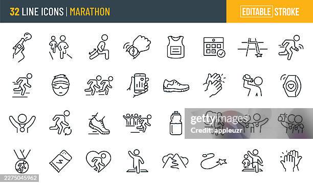 ilustraciones, imágenes clip art, dibujos animados e iconos de stock de iconos de línea delgada de maratón - trazo editable - barra de cereal