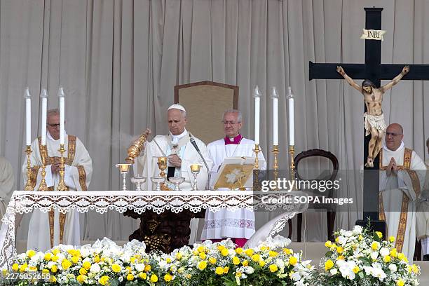 Pope Leo XIV celebrates a Mass in front of the Shrine of the Blessed Virgin Mary of the Rosary of Pompeii on the anniversary of his first year of...