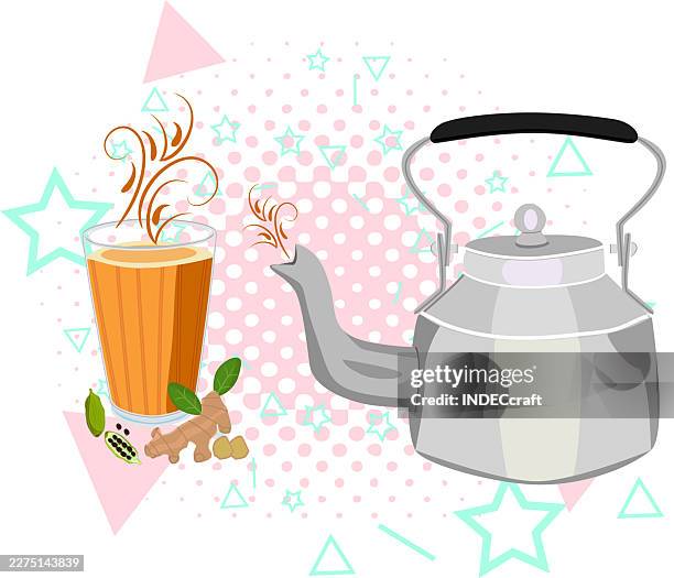 masala chai with bread and kettle - nutmeg stock illustrations