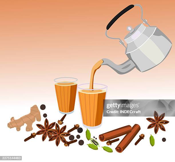 masala chai with kettle - nutmeg stock illustrations