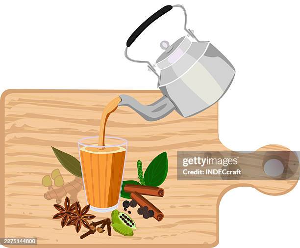 masala chai with kettle - nutmeg stock illustrations