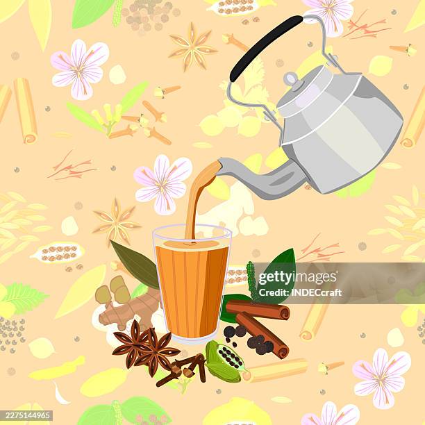masala chai with kettle - nutmeg stock illustrations