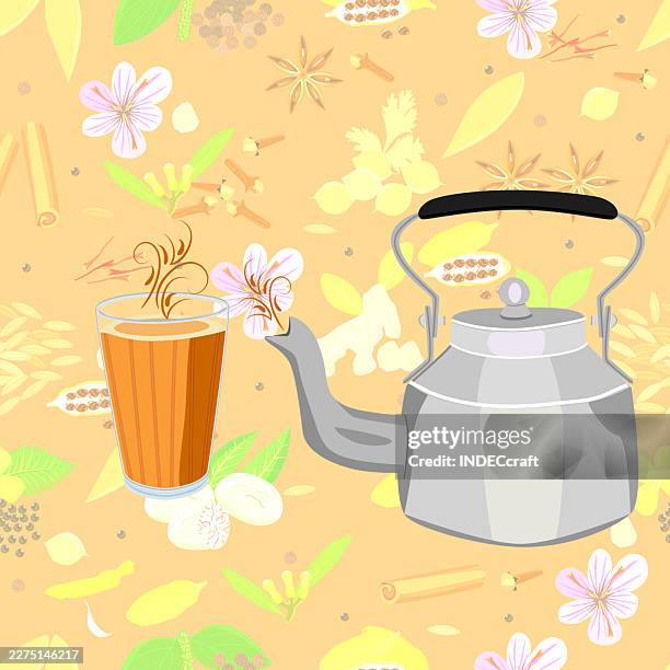 chai with kettle - nutmeg stock illustrations
