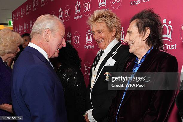 King Charles III meets Sir Rod Stewart and Ronnie Wood as they attend 'A King's Trust 50th Anniversary Celebration' at Royal Albert Hall on May 11,...