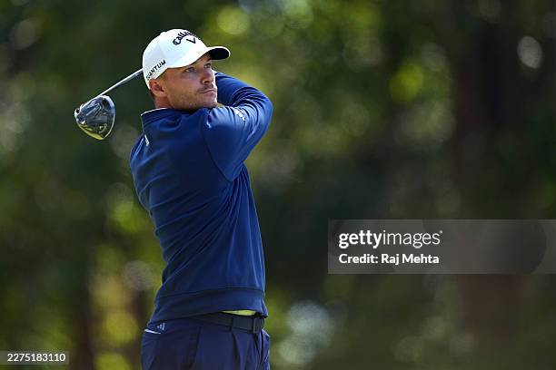 Rasmus Hojgaard of Denmark plays his shot from the 14th tee during the second round of the ONEflight Myrtle Beach Classic 2026 at Dunes Golf & Beach...
