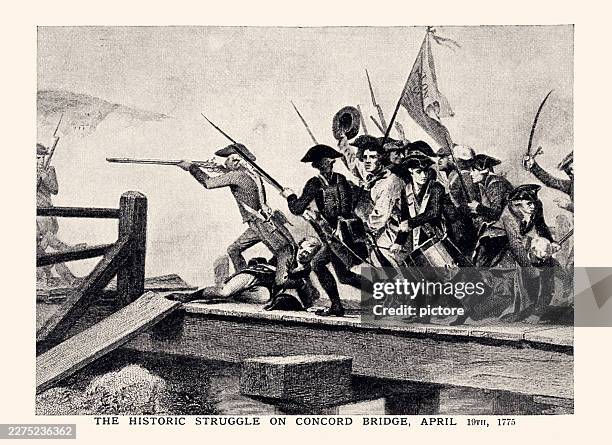 ilustrações de stock, clip art, desenhos animados e ícones de this 19th-century engraving, titled "the historic struggle on concord bridge, april 19th, 1775" depicts the clash at the north bridge in concord, massachusetts, on april 19, 1775, during the opening battles of the american revolutionary war - revolução