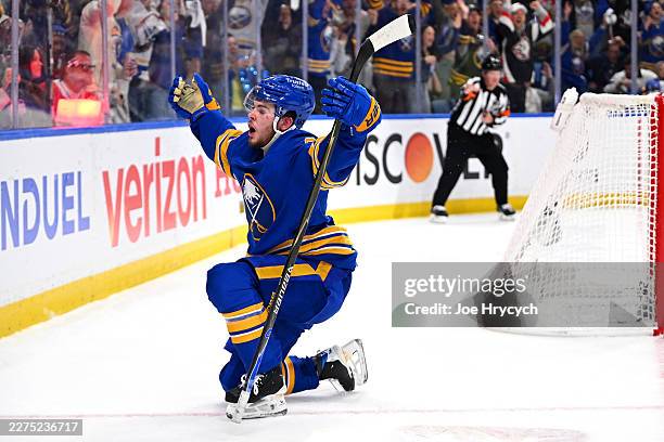 Zach Benson of the Buffalo Sabres celebrates a goal against the Montréal Canadiens during the second period in Game Two of the Second Round of the...