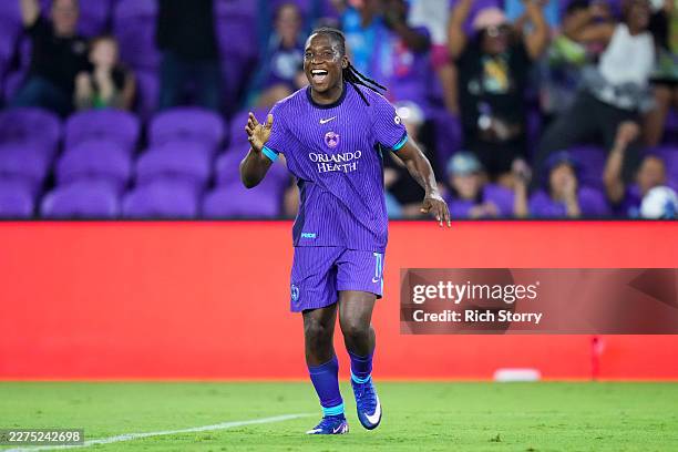 Barbra Banda of Orlando Pride celebrates after scoring the team's first goal during the NWSL match between Orlando Pride and North Carolina Courage...