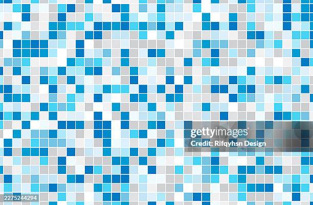 abstract blue swimming pool mosaic tile seamless pattern background, textured ceramic bathroom wall and floor design, modern pixel art water texture, turquoise geometric tileable vector banner template - bathroom tile background stock illustrations