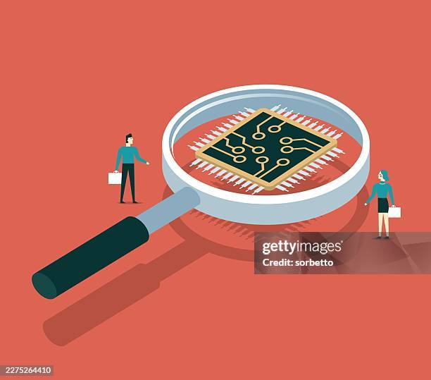 microchip - magnifying glass - consumer privacy stock illustrations