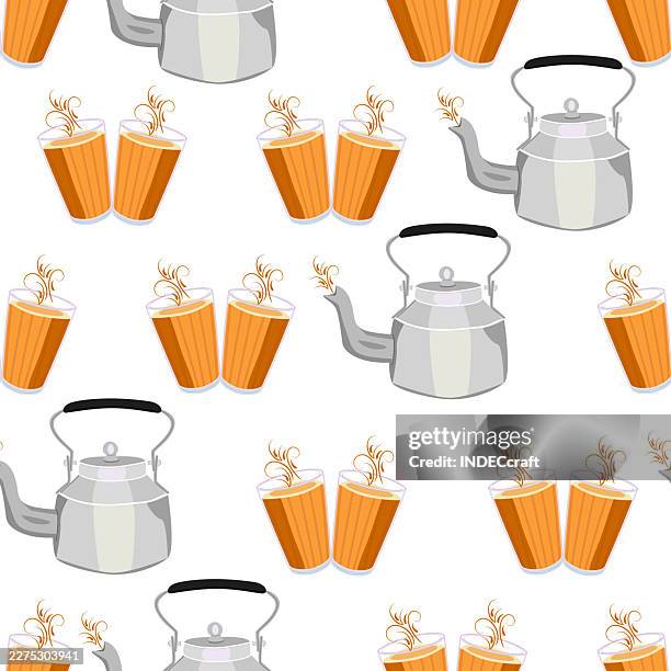 chai glass with kettle seamless pattern - cinnamon bread stock illustrations