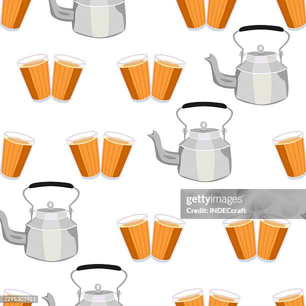 chai glass with kettle seamless pattern - cinnamon bread stock illustrations