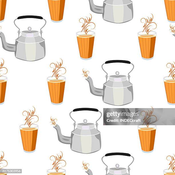 chai glass with kettle seamless pattern - cinnamon bread stock illustrations
